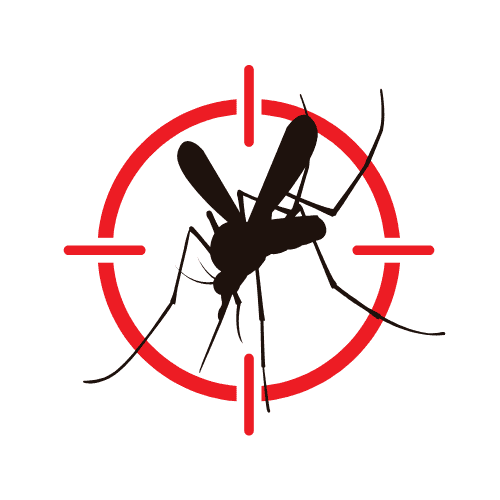 Silhouette of a mosquito centered inside a red crosshair target symbol on a plain background, highlighting pest control in Suffolk County NY.