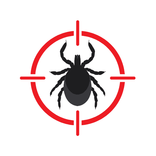 Illustration of a black insect resembling a tick, centered within a red crosshair target. The image suggests focus or targeting for effective pest control in Suffolk County, NY. Background is plain white.